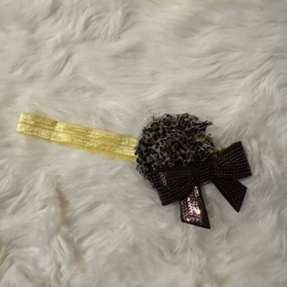 Brown Cheetah 2" Shabby Flower with 3" Sequin Bow on FOE elastic headband - Picture 1 of 1